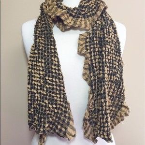Black & Gold Brown Tan Puckered Long Scarf